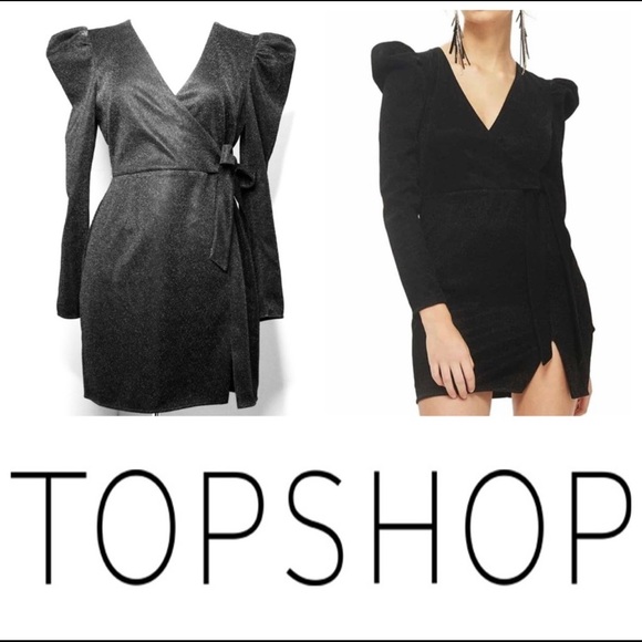 TOPSHOP black sparkly dress belted puff long sleeve Size US 6 - Picture 2 of 8